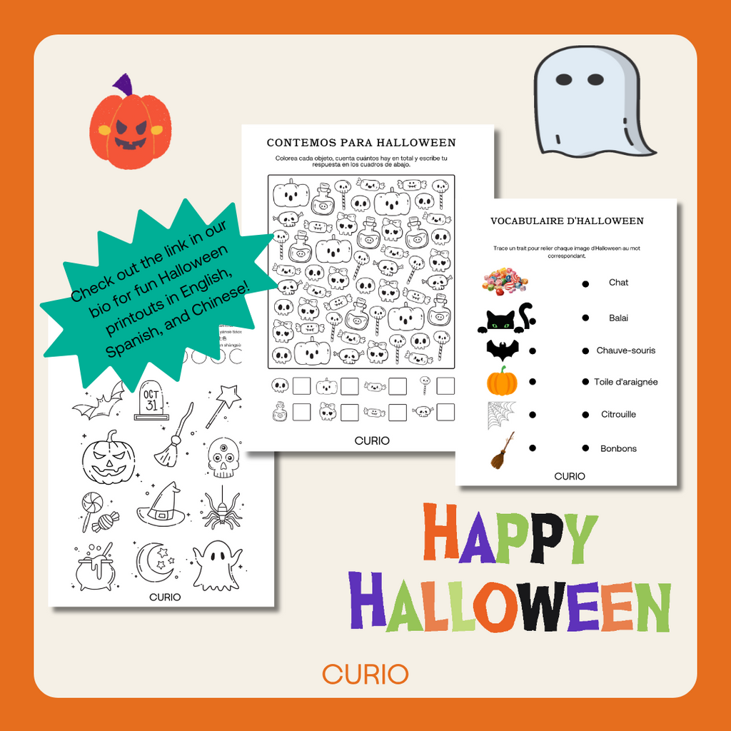 Spooky Halloween Worksheets: Counting, Coloring & Vocabulary in Spanish, French, Traditional & Simplified Chinese for Kids